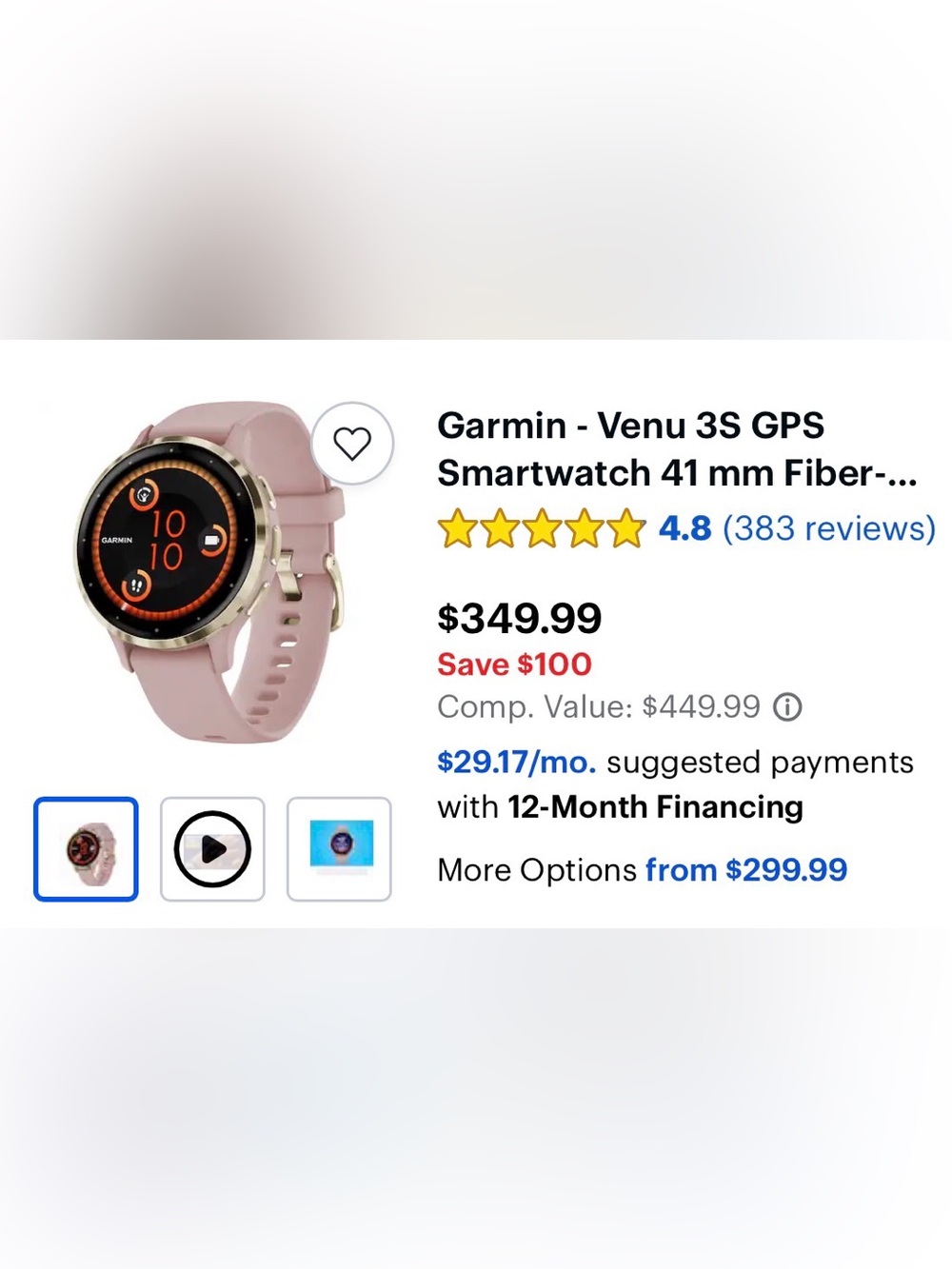 Garmin Venu 3S Smartwatch — Blush Pink with Gold Bezel